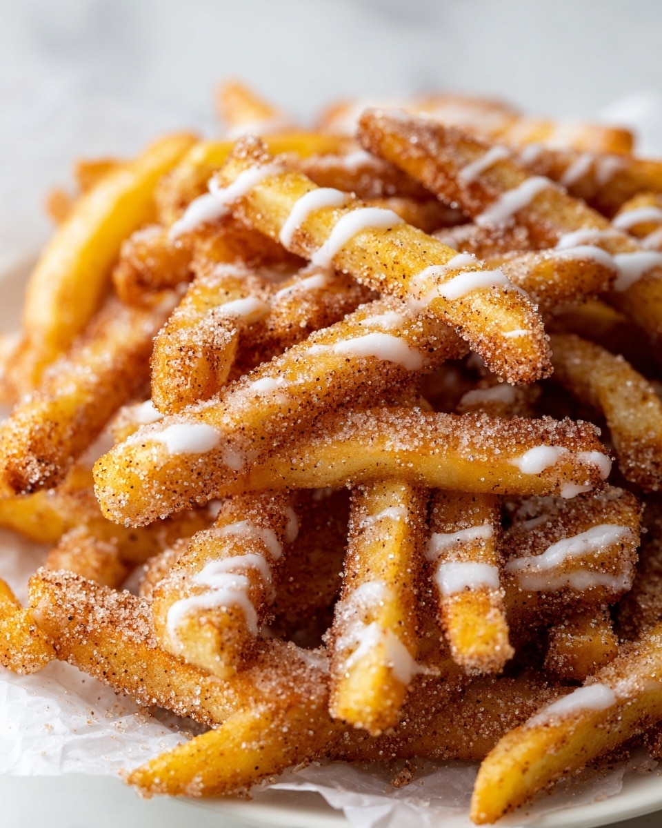 The image shows a white plate stacked high with golden brown fry-shaped pieces covered in a coarse cinnamon sugar coating, giving each piece a grainy texture. On top, a drizzle of smooth white icing runs in thin lines, adding a glossy contrast to the matte sugar cover. The cinnamon sugar coating has visible specks of cinnamon that add a warm reddish-brown hue mixed with the sugary grains. The plate sits on a white marbled surface with some scattered sugar grains around the base. photo taken with an iphone --ar 4:5 --v 7