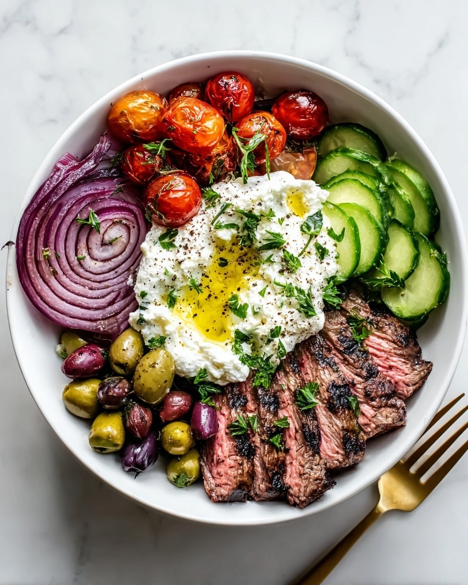A white bowl holds a colorful layered dish placed on a white marbled surface, featuring grilled slices of steak arranged on the bottom right with charred marks and a pink center. Above the steak are thin, curved slices of purple-red onion. To the top right, bright green cucumber slices fan out neatly. In the center is a creamy white dollop of cottage cheese or ricotta, drizzled with golden olive oil and sprinkled with black pepper and fresh chopped green herbs. To the top left, grilled halved cherry tomatoes show slight charring and a juicy texture. Below them, there are glossy green and dark purple olives scattered. The whole dish is sprinkled with fresh green herbs, and a gold fork is set to the bottom right outside the bowl. Photo taken with an iphone --ar 4:5 --v 7