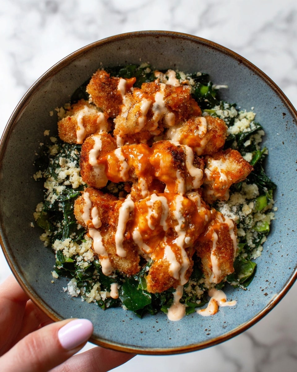 A bowl filled with a base layer of dark green leafy vegetables that look fresh and slightly wilted, topped with scattered light bits that resemble grated cheese or crumbs. On top, there is a thick layer of golden-brown, crispy pieces coated in a shiny orange sauce, with some pieces drizzled lightly with a creamy white sauce. The bowl is ceramic, with a muted blue and brown speckled pattern on the inside. A woman's hand is holding the bowl at the bottom right corner, showing neatly manicured nails with light pink polish. The background has a white marbled texture. photo taken with an iphone --ar 4:5 --v 7