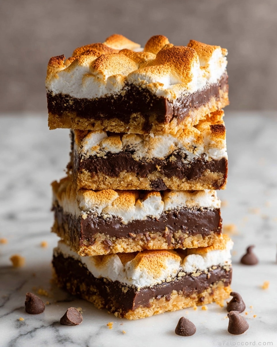 The image shows a stack of four layered dessert bars sitting on a white marbled surface. Each bar has three visible layers: the bottom layer is a crumbly golden-brown crust, the middle layer is thick, dark chocolate with a slightly rough texture, and the top layer is a toasted marshmallow topping with a light golden brown color and puffed, soft texture. Small crumbs and a few chocolate chips are scattered around the base of the bars. The stack is tall, showing the uneven edges of each layer clearly. Photo taken with an iphone --ar 4:5 --v 7