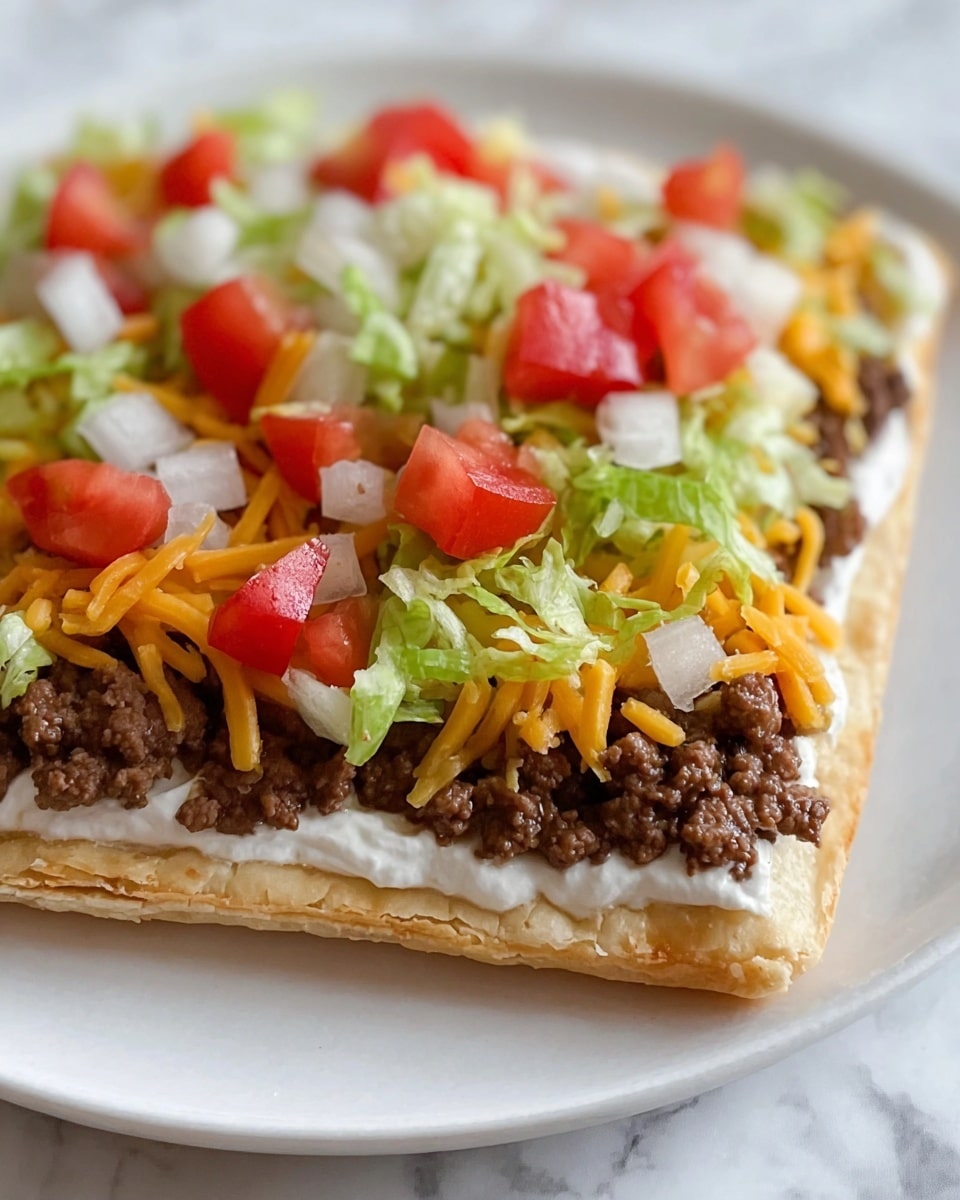 The image shows a close-up of a slice of taco pizza resting on a white marbled surface with two more slices blurred in the background. The pizza has four visible layers: the bottom thick bread crust is light brown and firm, topped with a layer of creamy white sauce followed by crumbled ground beef that is dark brown and textured. On top of the beef, there is a fresh layer of shredded green lettuce that looks crisp, dotted with small chunks of bright red tomato. The final layer is a generous sprinkle of shredded yellow cheddar cheese scattered across the top, adding a colorful and cheesy finish. Photo taken with an iphone --ar 4:5 --v 7