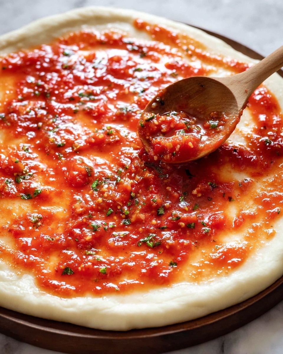 A close-up view of a pizza dough base spread on a white pizza pan, showing one even, pale dough layer with a slightly raised edge crust. On top is a bright red tomato sauce layer with visible small chunks of tomatoes and green herb bits, being spread by a wooden spoon held near the center. The sauce glistens with moisture and has an uneven, textured look with herbs scattered throughout. The background is a white marbled surface. photo taken with an iphone --ar 4:5 --v 7