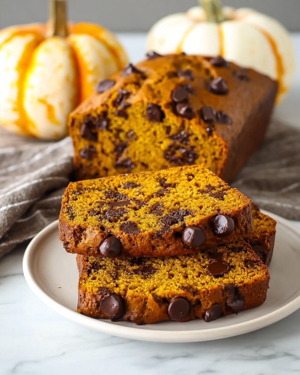 The image shows a loaf of pumpkin bread with chocolate chips, placed on a round white plate. The bread is sliced into three thick pieces, two slices laying flat in front and the rest of the loaf behind them. The pumpkin bread has a warm orange color, with many dark brown chocolate chips mixed inside and melted slightly on top, giving a moist and soft texture. The surface beneath the plate is a white marbled texture, and in the background, there are two pumpkins, one white with orange stripes and a larger plain orange one. photo taken with an iphone --ar 4:5 --v 7
