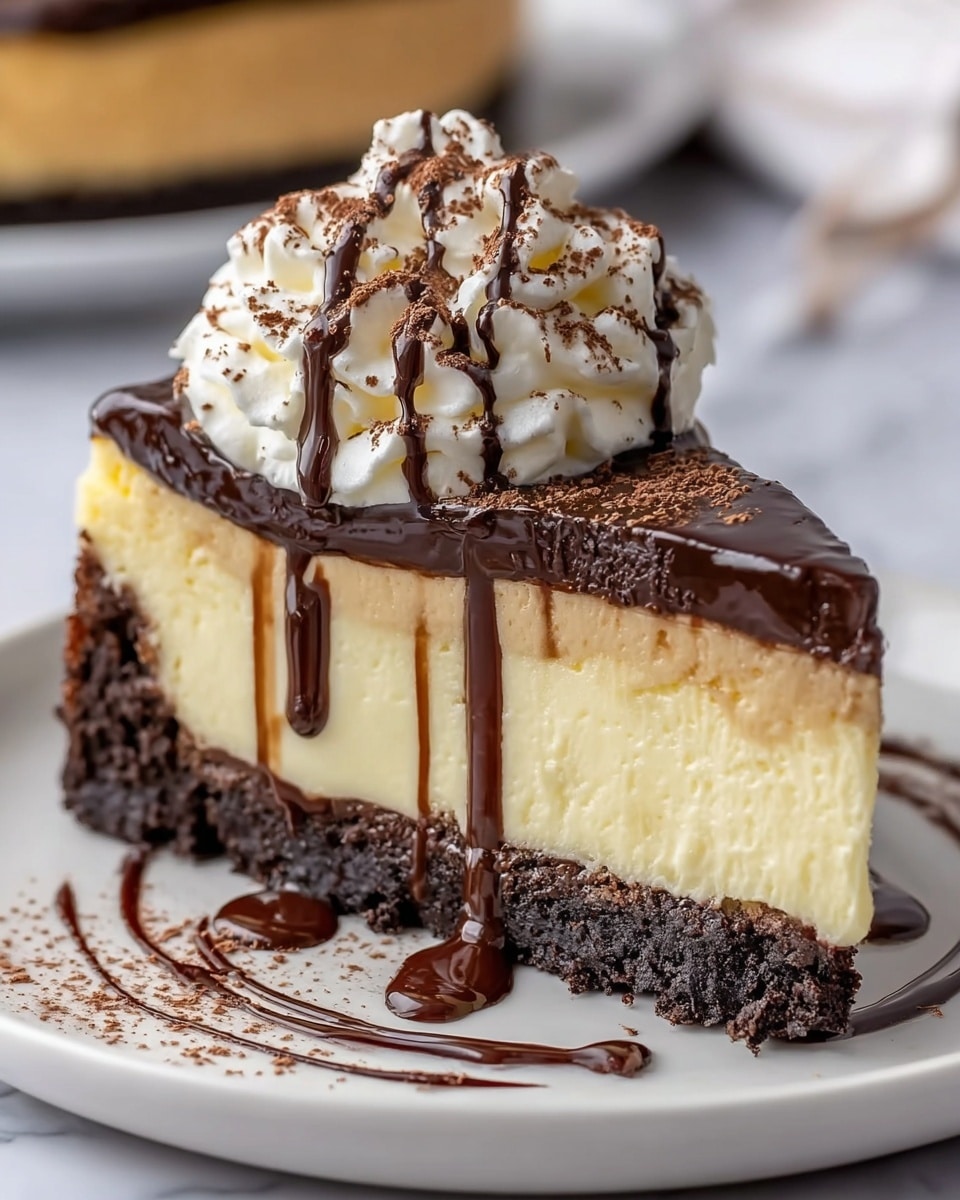 A close-up of a slice of cheesecake on a white plate with a white marbled background. The cheesecake has three clear layers: a thick, crumbly dark brown crust at the bottom, a smooth, creamy pale yellow middle layer, and a thin layer of glossy dark chocolate on top. On top of the slice, there is a generous dollop of white whipped cream with a drizzle of dark chocolate sauce and a dusting of cocoa powder. The plate has a swirl of chocolate sauce around the slice with some sauce slightly dripping down the cheesecake side. Photo taken with an iphone --ar 4:5 --v 7