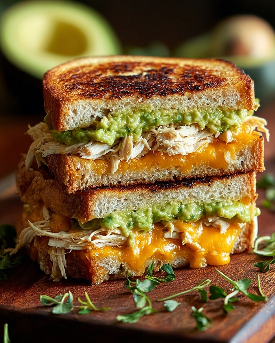 The image shows a close-up of a toasted sandwich cut in half and stacked, with each half displaying three main layers. The top and bottom layers are golden-brown toasted bread with a slightly charred texture. Inside, the middle layer has melted creamy cheese with black pepper specks, and underneath the cheese is shredded cooked chicken visible in light beige tones. Above the cheese is a thick, chunky spread of bright green guacamole with a creamy, uneven texture. The sandwich rests on a wooden board with some cilantro leaves scattered around, all set against a white marbled texture background. photo taken with an iphone --ar 4:5 --v 7