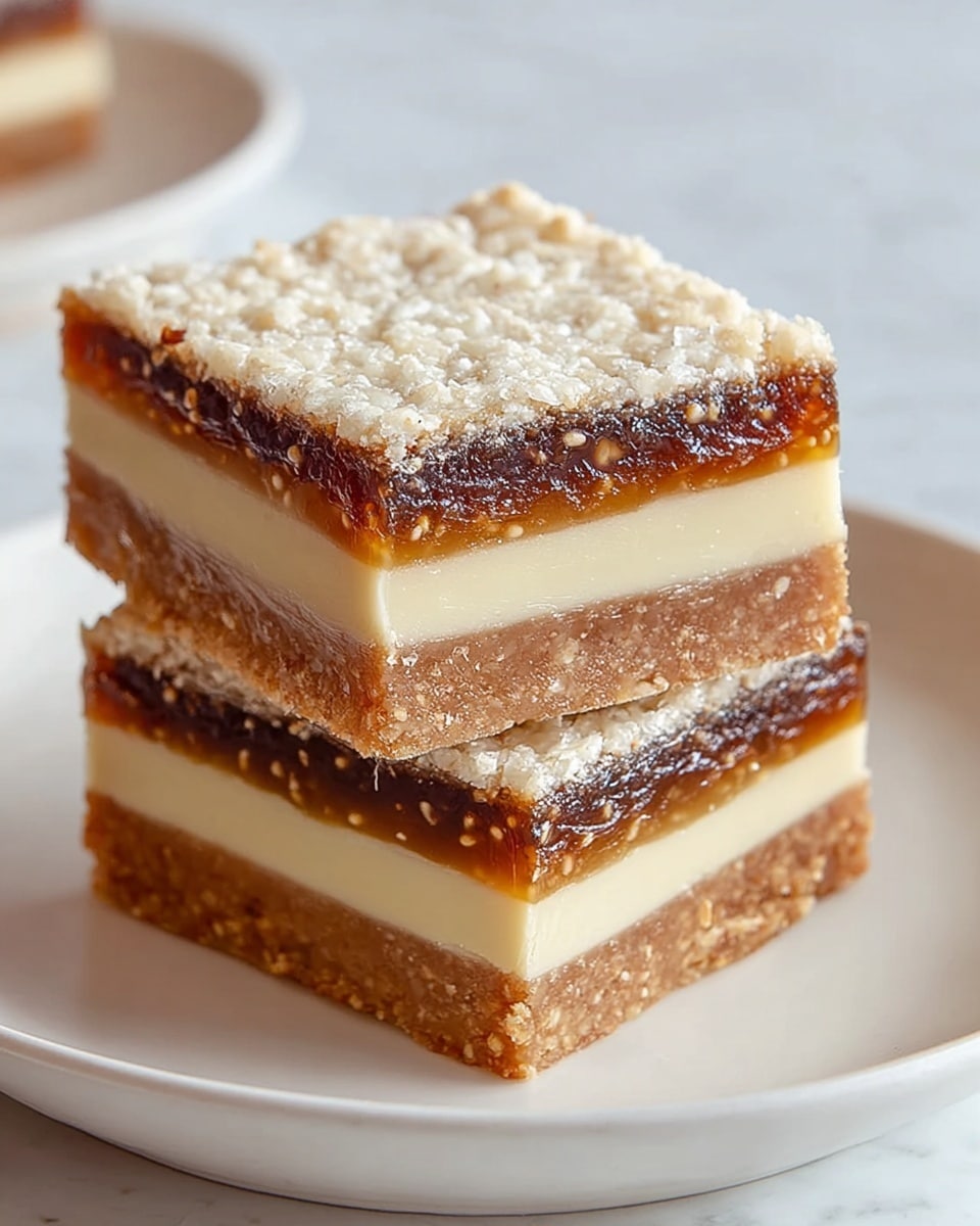 The image shows two square dessert bars stacked on a white plate, placed on a white marbled surface. Each bar has four clear layers: the bottom layer is a light brown, crumbly crust, above it is a thin, smooth beige layer. Next is a thick, dark amber layer with small seeds and a sticky texture, and the top layer is crumbly and off-white with a slightly rough surface. The bars are neatly cut, revealing clean edges and a contrast of textures from smooth to grainy. Photo taken with an iphone --ar 4:5 --v 7