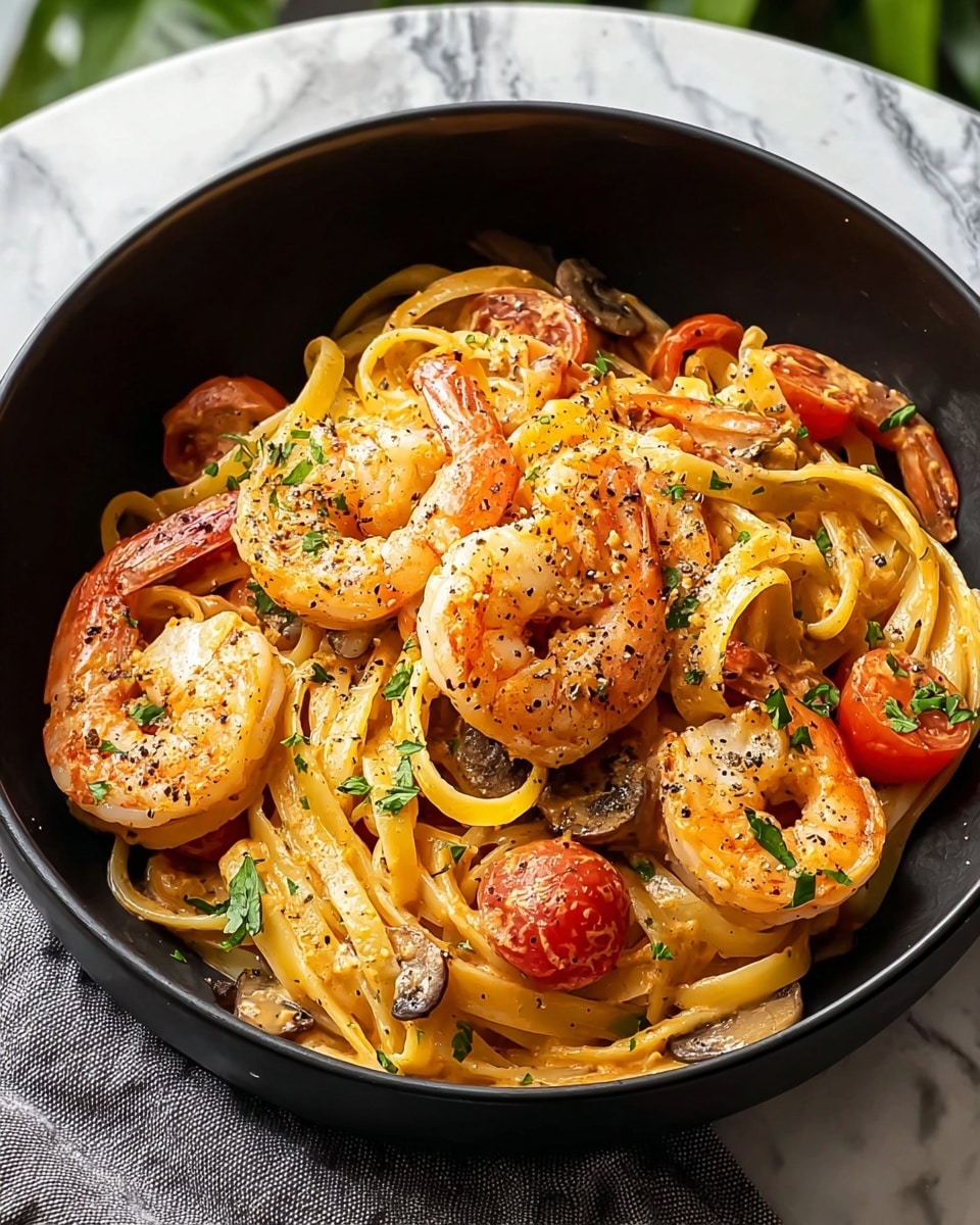 A black bowl filled with creamy pasta topped with several cooked shrimp that are pinkish-orange with white interiors. The pasta is yellowish, coated in a creamy orange sauce, mixed with small slices of browned mushrooms and halved red cherry tomatoes. Small green parsley leaves are scattered on top, adding a fresh touch. The dish is sprinkled with black pepper and herbs. The bowl sits on a white marbled surface with a grey cloth under it. Photo taken with an iphone --ar 4:5 --v 7