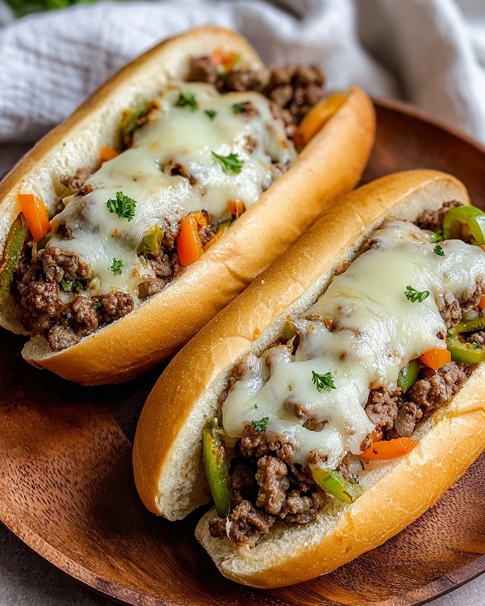 The image shows two sandwich subs placed on a round wooden board. Each sandwich has a soft, light golden brown bun sliced open lengthwise. Inside the buns, there is a layer of cooked ground beef mixed with small pieces of green and orange bell peppers, topped with melted white cheese that looks stretchy and gooey. There are small green parsley pieces scattered on top of the beef and cheese. The background is blurred with hints of a white cloth on the left side. photo taken with an iphone --ar 4:5 --v 7