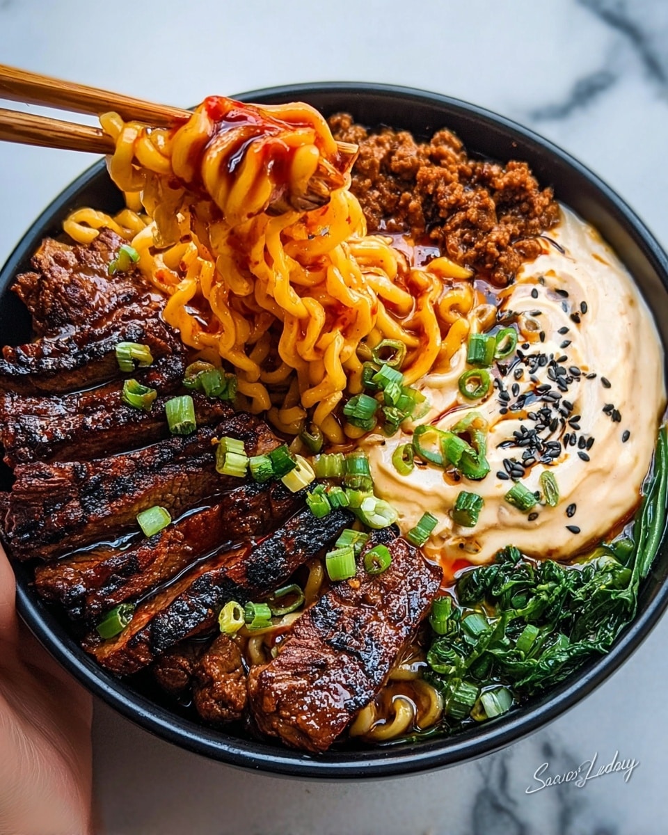 A bowl shows a rich noodle dish with four main parts. The first layer has thick yellow noodles lifted by wooden chopsticks grasped by a woman's hand, coated in a glossy, spicy red sauce. The second layer includes several thick, grilled beef slices with dark char marks and garnished with chopped green onions, placed next to the noodles. The third layer is a creamy, light beige sauce sprinkled with black sesame seeds and more chopped green onions. The fourth part consists of a small portion of green vegetables mixed with cooked ground meat in a savory sauce, sitting beside the noodles. The food is presented in a white bowl with a black rim on a white marbled surface. Photo taken with an iphone --ar 4:5 --v 7
