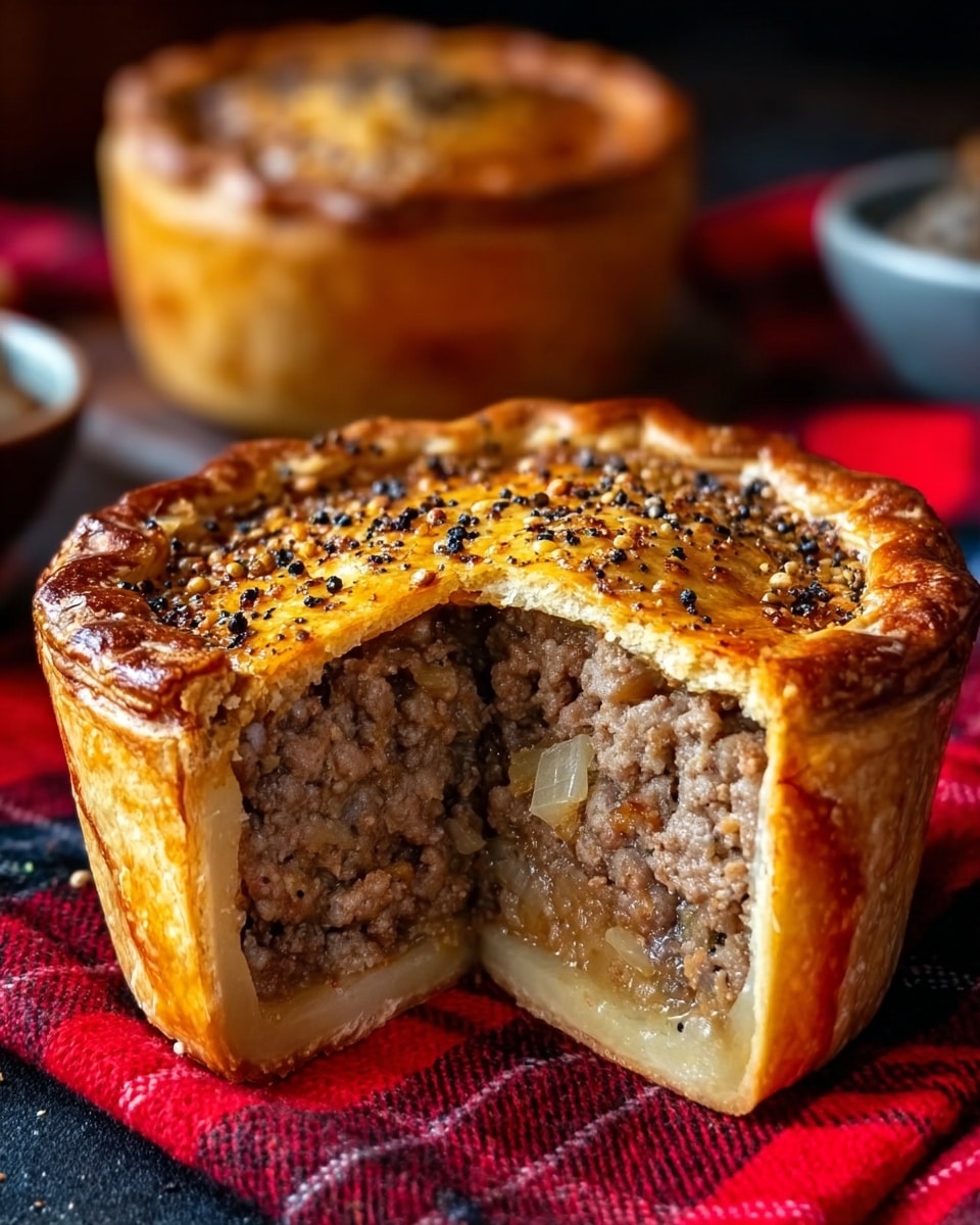 A close-up view of a meat pie with a thick golden-brown crust sprinkled with cracked black pepper on top. The pie is cut open, showing two thick layers inside: a bottom crust with a light golden color and a dense, crumbly textured filling of cooked ground meat mixed with small bits of onions. The pie sits on a red tartan cloth placed on a dark surface. In the background, there is a second meat pie slightly out of focus. photo taken with an iphone --ar 4:5 --v 7