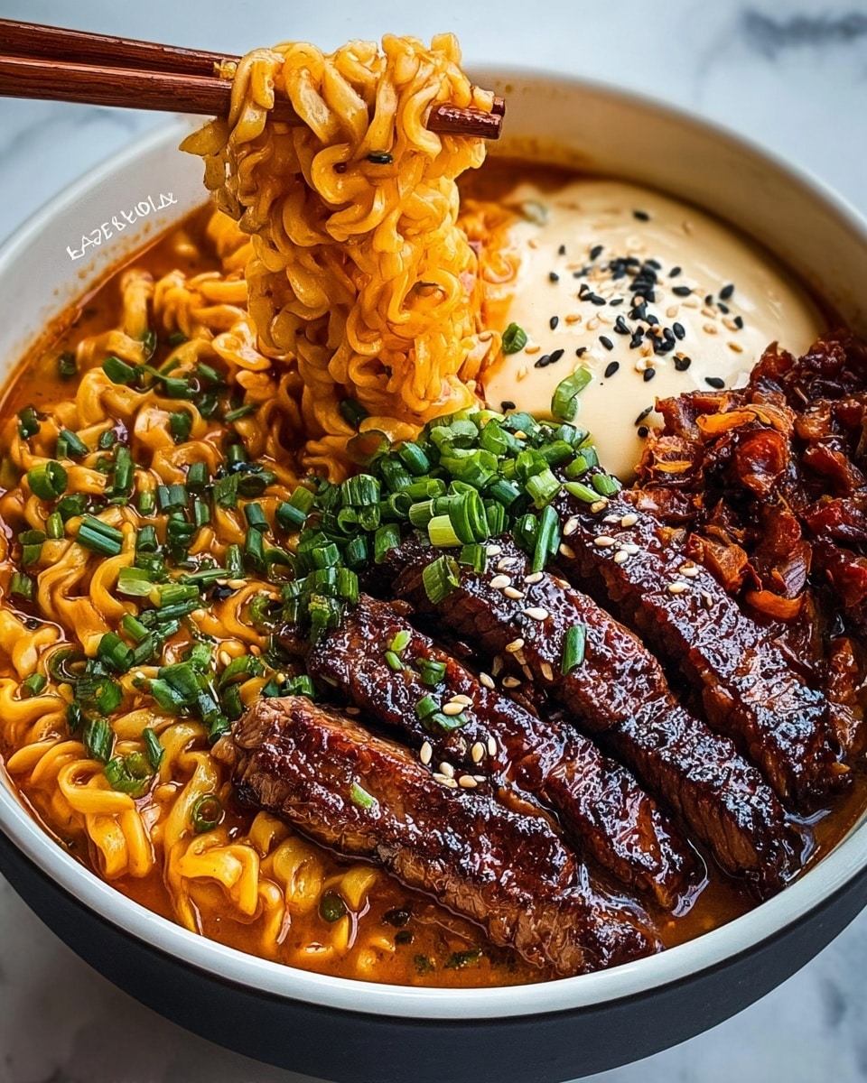 A white bowl filled with a rich ramen dish sits on a white marbled surface. The bottom layer is curly yellow noodles soaked in an orange-brown broth. On one side, there are dark brown grilled beef slices with a shiny glaze, topped with small green chopped chives. Next to the beef, there is a creamy light beige sauce sprinkled with black sesame seeds and green chives. Toward the other side, some small pieces of cooked meat in a deep red-orange sauce add texture. A pair of wooden chopsticks held by a woman's hand lift a clump of the curly noodles, showing their soft, springy texture. The whole dish looks warm, savory, and colorful, photo taken with an iphone --ar 4:5 --v 7