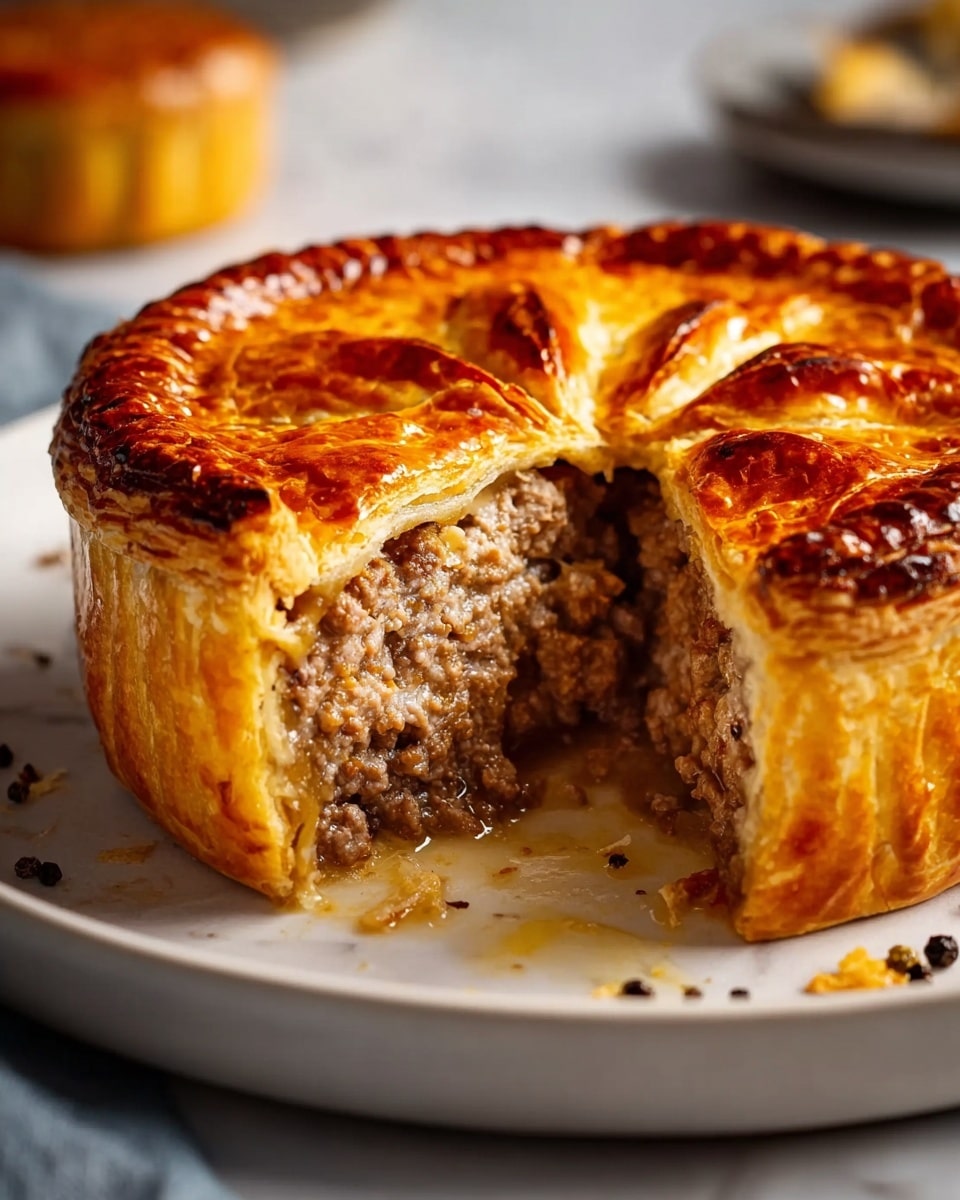 A golden brown meat pie cut open to show two main layers inside: a thick bottom crust and a packed middle layer of cooked ground meat with small pieces of onion, enclosing the filling in a thick, flaky top crust sprinkled with coarse black pepper. The pie crust is crisp and shiny with a rich golden color, and the edges are thick and well-baked. The pie sits on a red and green checkered cloth over a white marbled surface. In the background, a second whole pie is blurred but visible. photo taken with an iphone --ar 4:5 --v 7