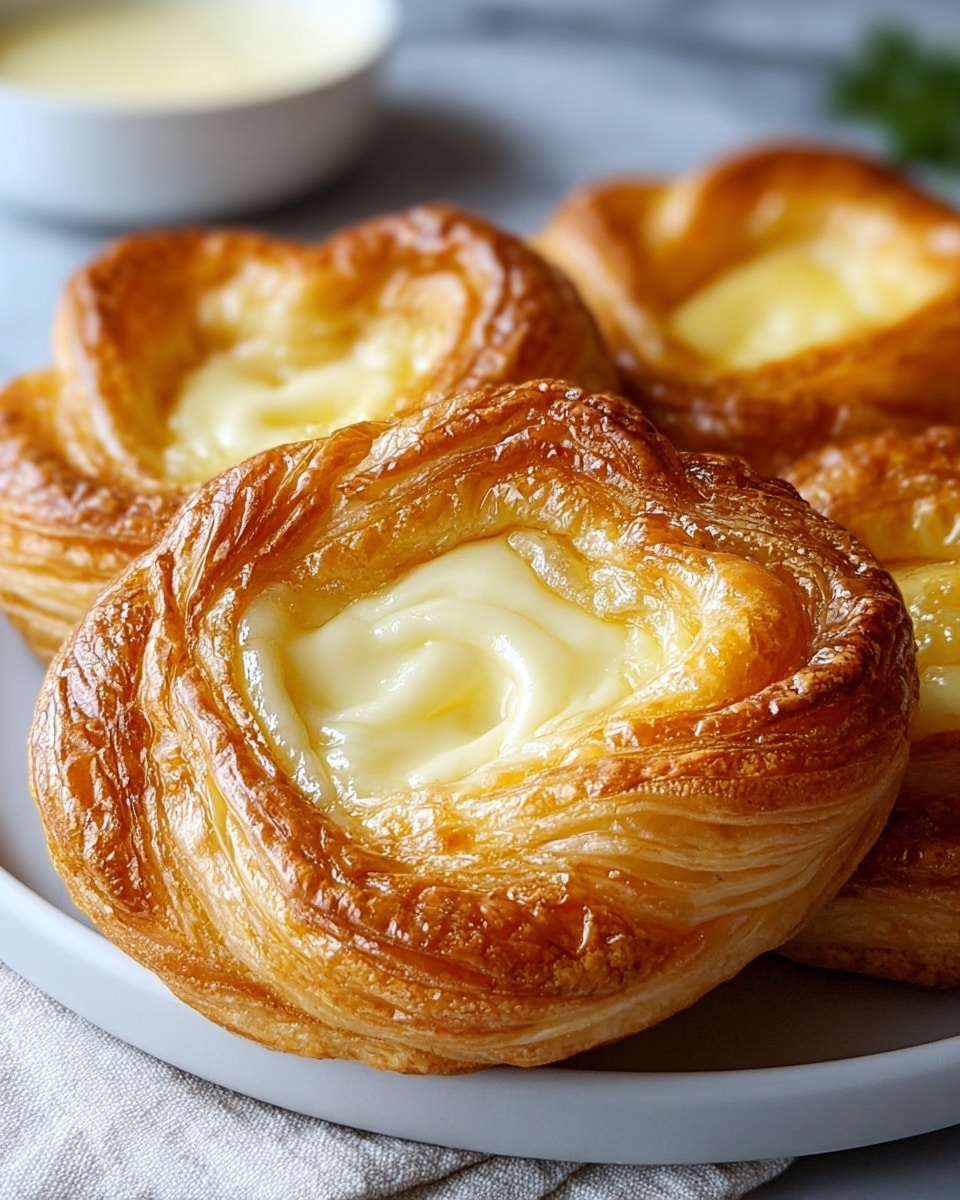 The image shows a close-up of four golden-brown Danish pastries with a shiny, flaky, and layered crust forming a circular shape, with a light creamy custard filling in the center of each. The pastries are arranged closely together on a white plate, placed on a white marbled surface with a folded cloth underneath. In the background, there is a small white bowl, slightly out of focus. The texture of the pastries is crisp and light, with visible layers on the outer crust and smooth, glossy custard inside. photo taken with an iphone --ar 4:5 --v 7