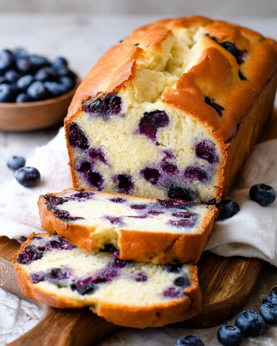 A golden brown loaf of blueberry bread sits on a white cloth on a wooden board, with two thick slices cut and laid in front. The inside of the bread shows a soft, light yellow texture with scattered dark purple blueberries throughout. The crust is slightly cracked on top, showing a fluffy interior. Fresh blueberries are scattered around the bread on the wooden board. The background features a white marbled texture. photo taken with an iphone --ar 4:5 --v 7