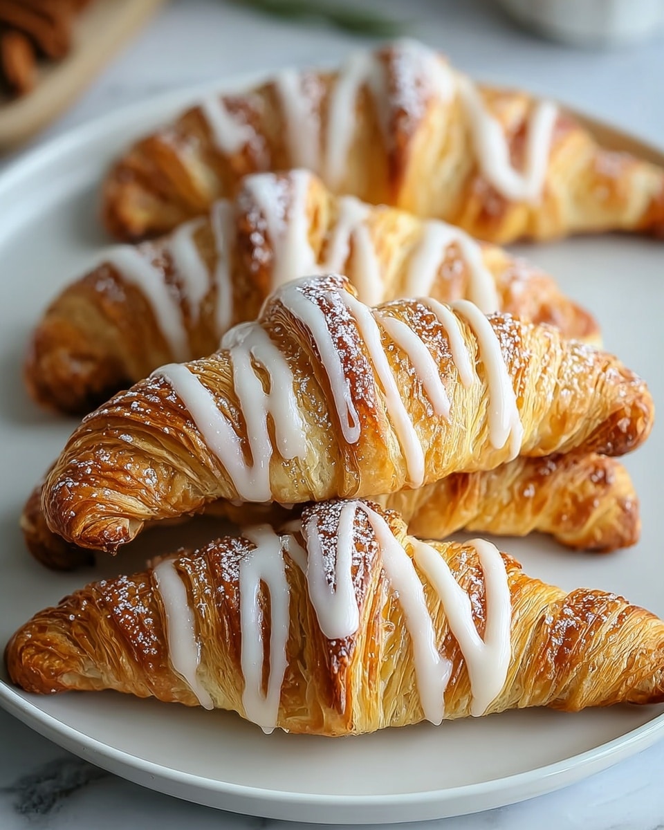 Four golden brown croissants rest on a white plate, each croissant showing many thin, flaky layers with a slightly crisp texture. The croissants are drizzled with smooth white icing in wavy lines across the top and lightly dusted with powdered sugar, adding a soft white contrast. The plate sits on a white marbled texture surface, adding a clean and elegant background. photo taken with an iphone --ar 4:5 --v 7