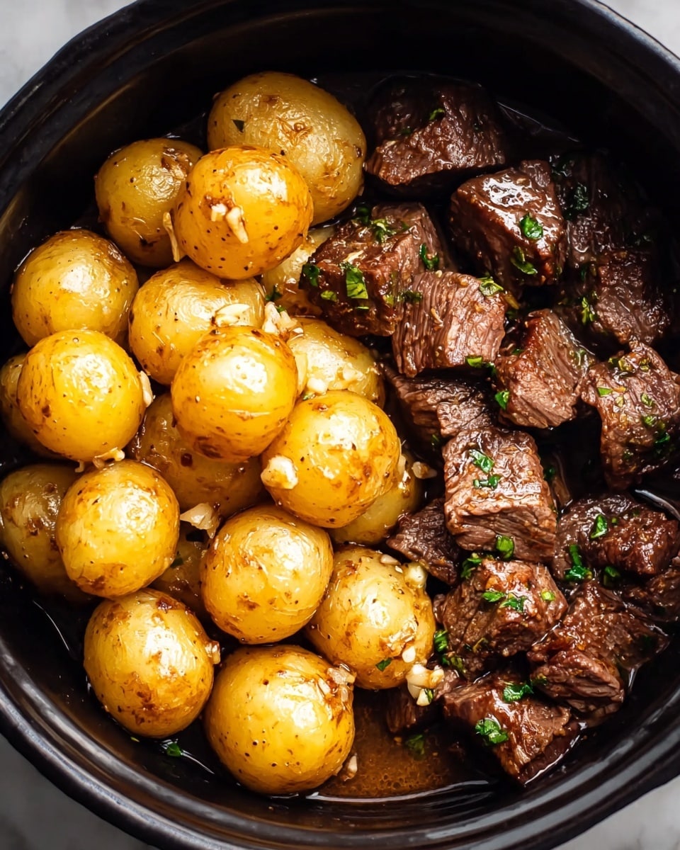 The image shows a close-up top view of a dish featuring two main layers inside a dark pot. On the left side, there are about ten shiny, golden-brown baby potatoes that look soft and cooked, with some small bits of garlic and herbs on their surface. On the right side, there are pieces of brown, seared beef cubes, with a rich, glossy texture showing they are tender and juicy, sprinkled with small green herbs. A little bit of light brown sauce is pooling beneath and around the potatoes and beef, adding a moist shine to the ingredients. The whole dish sits on a white marbled texture. photo taken with an iphone --ar 4:5 --v 7