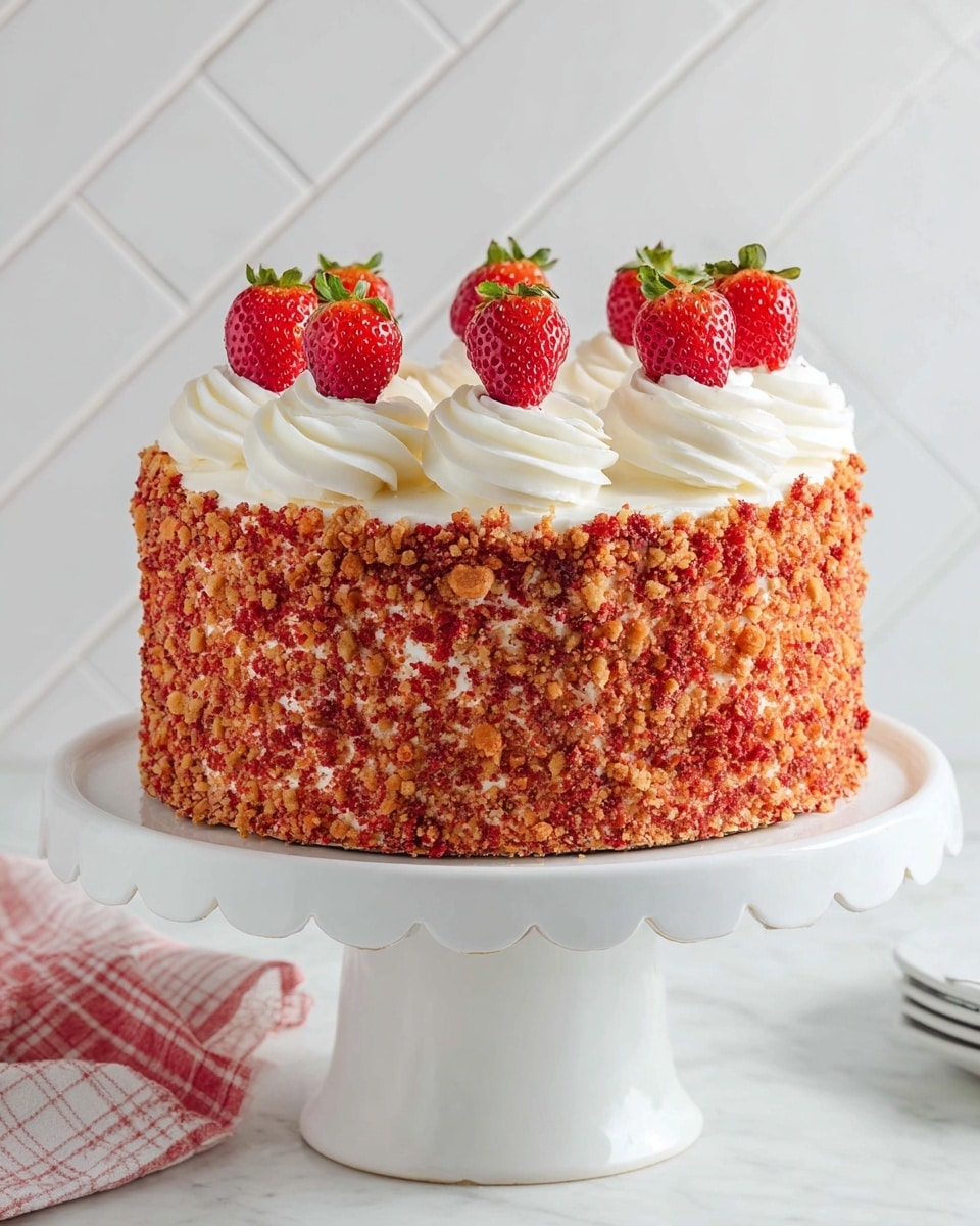 A round cake with three distinct layers is shown, covered on the outside with a thick, crumbly coating of red and light brown crushed crumbs, giving a rough texture. On top, thick white swirls of frosting are evenly spaced around the edge, each topped with a bright red strawberry with green leaves. The cake sits on a plain white pedestal stand with scalloped edges at the base. The background is a white marbled texture with diagonal tile patterns. Photo taken with an iphone --ar 4:5 --v 7