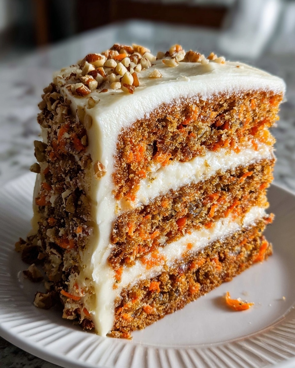 A three-layer carrot cake slice with visible orange carrot bits mixed in a light brown moist crumb, each layer separated by a thick, smooth white cream cheese frosting. The top of the cake is covered with the same creamy frosting and sprinkled with small, chopped nuts. The sides show the frosting and nuts pressed onto the cake edges. The slice sits on a white plate with subtle ridged edges, placed on a white marbled surface. The background is softly blurred, focusing on the cake slice. Photo taken with an iphone --ar 4:5 --v 7