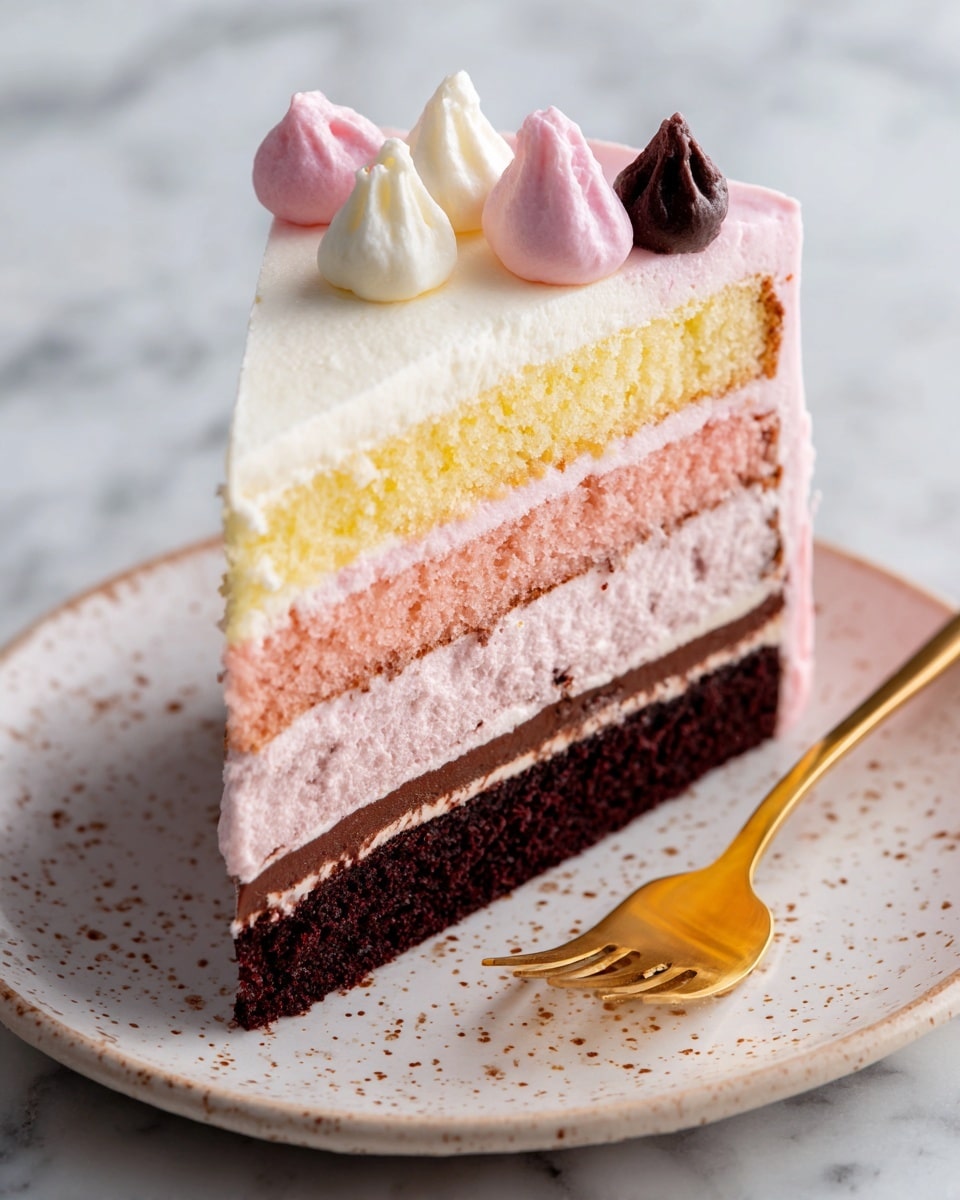 A slice of layered cake sits on a white plate with a silver fork beside it. The cake has five layers: a dark brown chocolate layer at the bottom, followed by a light, fluffy white layer, then a light pink sponge layer, topped with a thick creamy pink frosting layer, and another dark brown chocolate layer on top. The cake is covered with a smooth, light cream-colored frosting around the sides and top edge. On top, there are five swirled dollops of frosting alternating pink and white colors. The background is a white marbled texture. Photo taken with an iphone --ar 4:5 --v 7