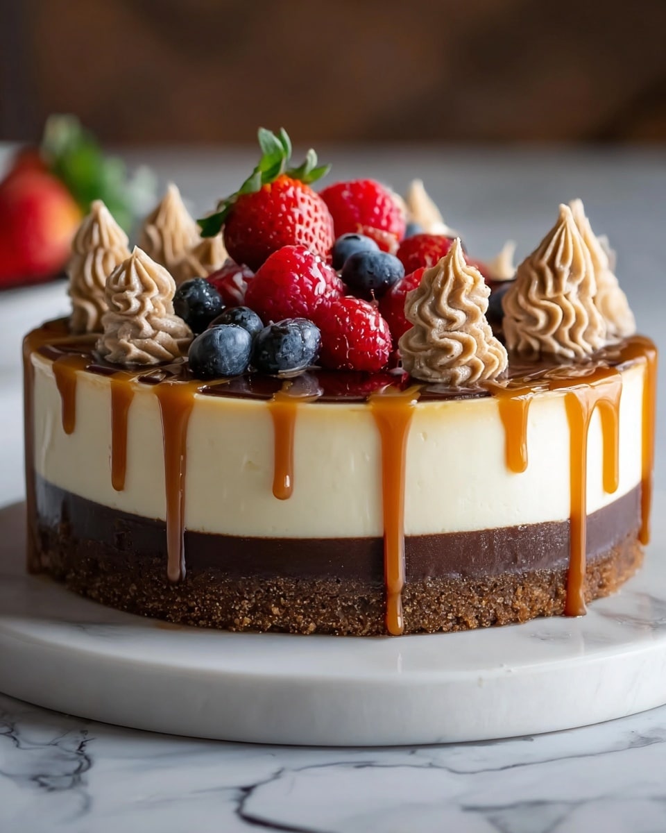 A round cake with three visible layers sits on a white marbled texture. The bottom layer is a thick, crumbly brown crust. Above it is a dark chocolate layer with smooth texture. The top layer is a light cream color, thick and dense. Golden caramel sauce drips off the edges and drizzles over the top surface. Small swirls of light brown whipped cream decorate the top, each topped with a bright red raspberry. Around the center, a cluster of fresh strawberries and blueberries adds color. The texture of the cake layers contrasts softly with the shiny caramel and fresh fruits. Photo taken with an iphone --ar 4:5 --v 7
