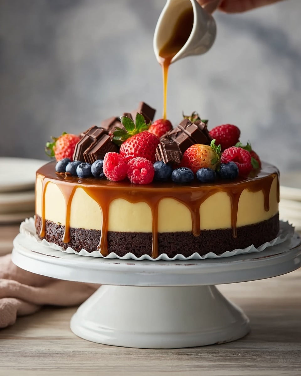 A three-layer round cake on a white cake stand with a scalloped paper liner on top; the bottom layer is dark brown and dense like chocolate cake, the middle layer is thick, smooth, and creamy pale yellow like cheesecake, and the top is covered in a shiny caramel sauce dripping down the sides. Fresh red raspberries, bright blue blueberries, sliced red strawberries, and small chocolate curls are arranged on top. A woman's hand is pouring more caramel sauce over the fruit. The setting includes a white marbled textured surface with soft natural light. photo taken with an iphone --ar 4:5 --v 7