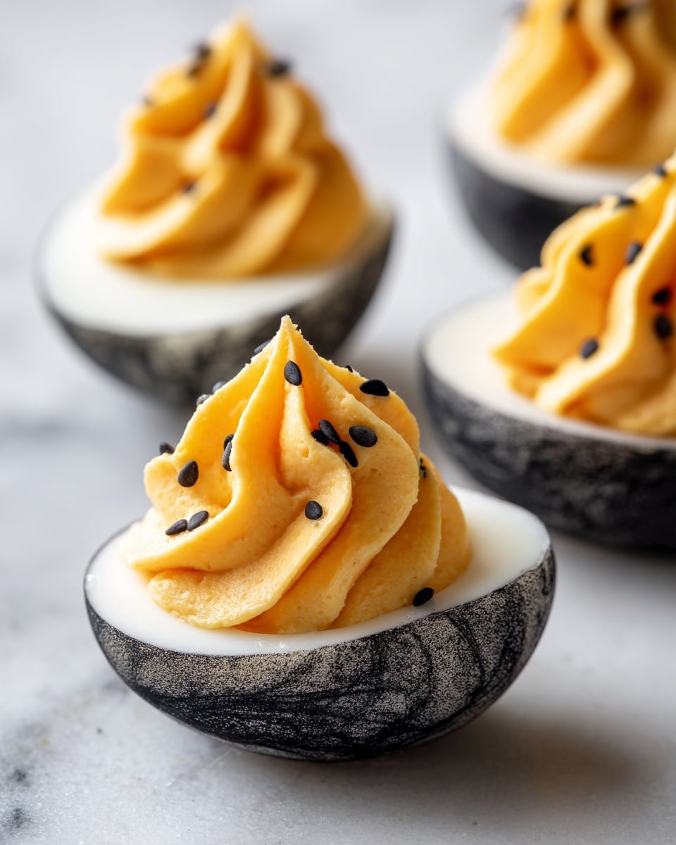The image shows a close-up of nine halved eggs with a unique marbled black and white pattern on the egg white layer, each topped with a smooth, bright orange filling piped into a small peak. The filling has a creamy texture and is sprinkled with small black sesame seeds, adding contrasting detail and texture on top. The eggs are neatly arranged on a dark surface that gives a slight reflection, with the focus on the nearest eggs, making the background softly blurred. photo taken with an iphone --ar 4:5 --v 7
