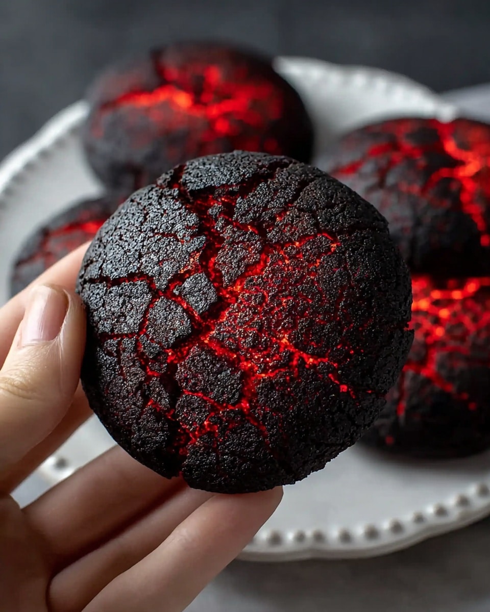 The image shows a close-up of a round bread loaf with a cracked surface that looks like molten lava. The top layer is black and rough with deep cracks that reveal a glowing red-orange color underneath, mimicking the look of hot lava flowing beneath a dark crust. The bread has a thick, textured crust with irregular black patches and glowing fissures spreading all around. The background is a white marbled texture that highlights the intense red and black colors of the bread. Photo taken with an iphone --ar 4:5 --v 7
