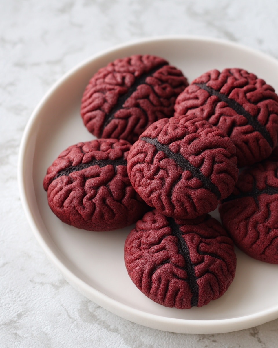A white plate holds several dark red cookies shaped like small brains with detailed grooves and creases, giving them a textured and wrinkled look. The cookies appear soft with blackish shadows inside the grooves to add depth, arranged close to each other on the plate. The setting has a clean look with a white marbled texture surface beneath the plate. photo taken with an iphone --ar 4:5 --v 7