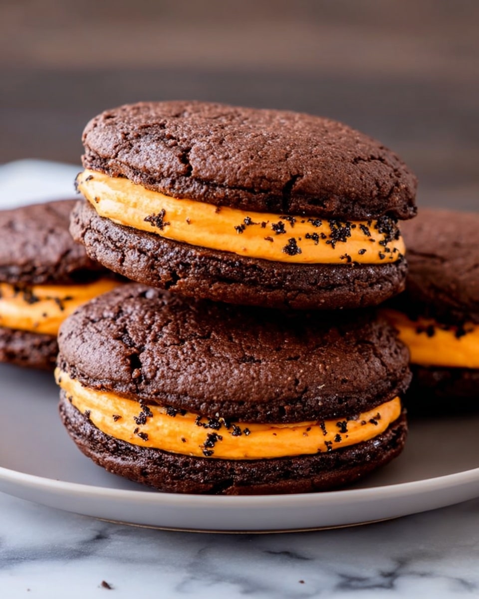 Three chocolate sandwich cookies are stacked on a round white plate. Each cookie has two dark brown, soft-looking chocolate layers with a cracked texture on top. Between the layers is a thick, smooth, bright orange cream filling that is speckled with tiny black flakes. The plate is set on a white marbled surface. photo taken with an iphone --ar 4:5 --v 7