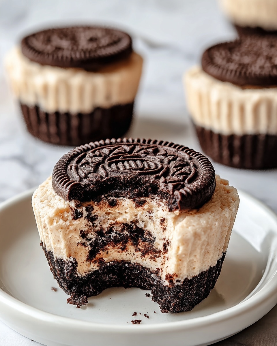 A close-up image of a small dessert made to look like a chocolate cookie cupcake with three layers: the bottom layer is dark brown and looks crumbly, the middle layer is creamy and light beige with some dark cookie crumbs mixed in, and the top layer is a detailed chocolate cookie with an embossed pattern. The front cupcake has a big bite taken out, revealing all three layers clearly. It sits on a white plate on a white marbled surface with two more whole cupcakes blurred in the background. Photo taken with an iphone --ar 4:5 --v 7