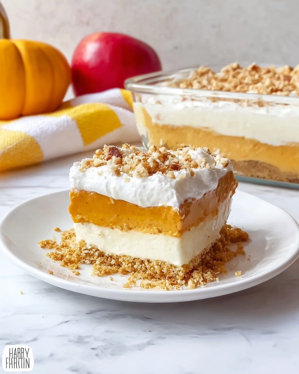 The image shows a square slice of layered dessert placed on a white plate with crumbs scattered around it. The dessert has four visible layers: the bottom layer is a golden-brown crumbly crust, followed by a thick creamy white layer, then a smooth orange layer, and topped with a fluffy white whipped topping sprinkled with chopped nuts. In the background, the larger glass dish containing the same dessert is visible, showing these layers spread evenly. There is a red apple and a small yellow pumpkin next to a white and yellow cloth in the background, all set on a white marbled surface. Photo taken with an iphone --ar 4:5 --v 7