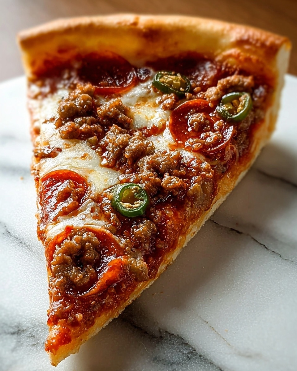 A close-up view of a single slice of pizza on a wooden surface, showing a thick, golden-brown crust with a slightly crispy edge. The slice has a layer of bright red tomato sauce on the base, topped with melted, creamy white cheese that covers the surface unevenly. Small round pepperoni slices with a shiny, oily texture and browned edges are scattered across the slice. There are also crumbled pieces of browned cooked sausage, along with a few slices of green jalapeño peppers adding color contrast. Photo taken with an iphone --ar 4:5 --v 7