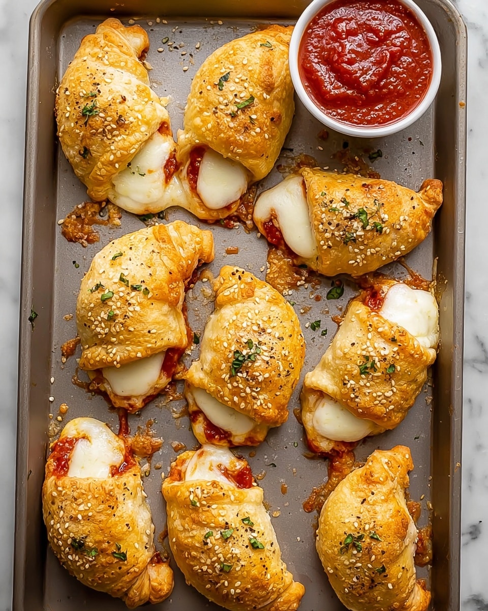 The image shows seven golden-brown crescent rolls on a dark baking tray, placed on a white marbled surface. Each crescent roll has a flaky, layered texture with a slightly glossy top, sprinkled with black pepper and herbs. Some crescent rolls reveal a reddish-orange filling peeking out, hinting at a savory or spicy sauce inside. There is a small white round dish of red dipping sauce on the tray and a woman’s hand holding one of the rolls. The overall feel is warm and appetizing, with a contrast between the soft pastries and the smooth sauce. photo taken with an iphone --ar 4:5 --v 7