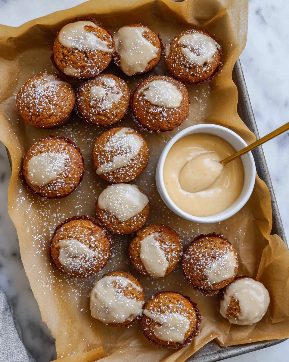 A baking tray lined with brown parchment paper holds about fifteen small round muffins, each topped with white icing and dusted lightly with powdered sugar. The muffins have a rich golden brown color with a slightly rough texture. To the right of the muffins is a small white bowl filled with creamy, pale beige icing, accompanied by a gold spoon resting on the parchment, holding a small amount of the same icing. The overall scene is set on a white marbled surface, creating a clean and bright appearance. photo taken with an iphone --ar 4:5 --v 7