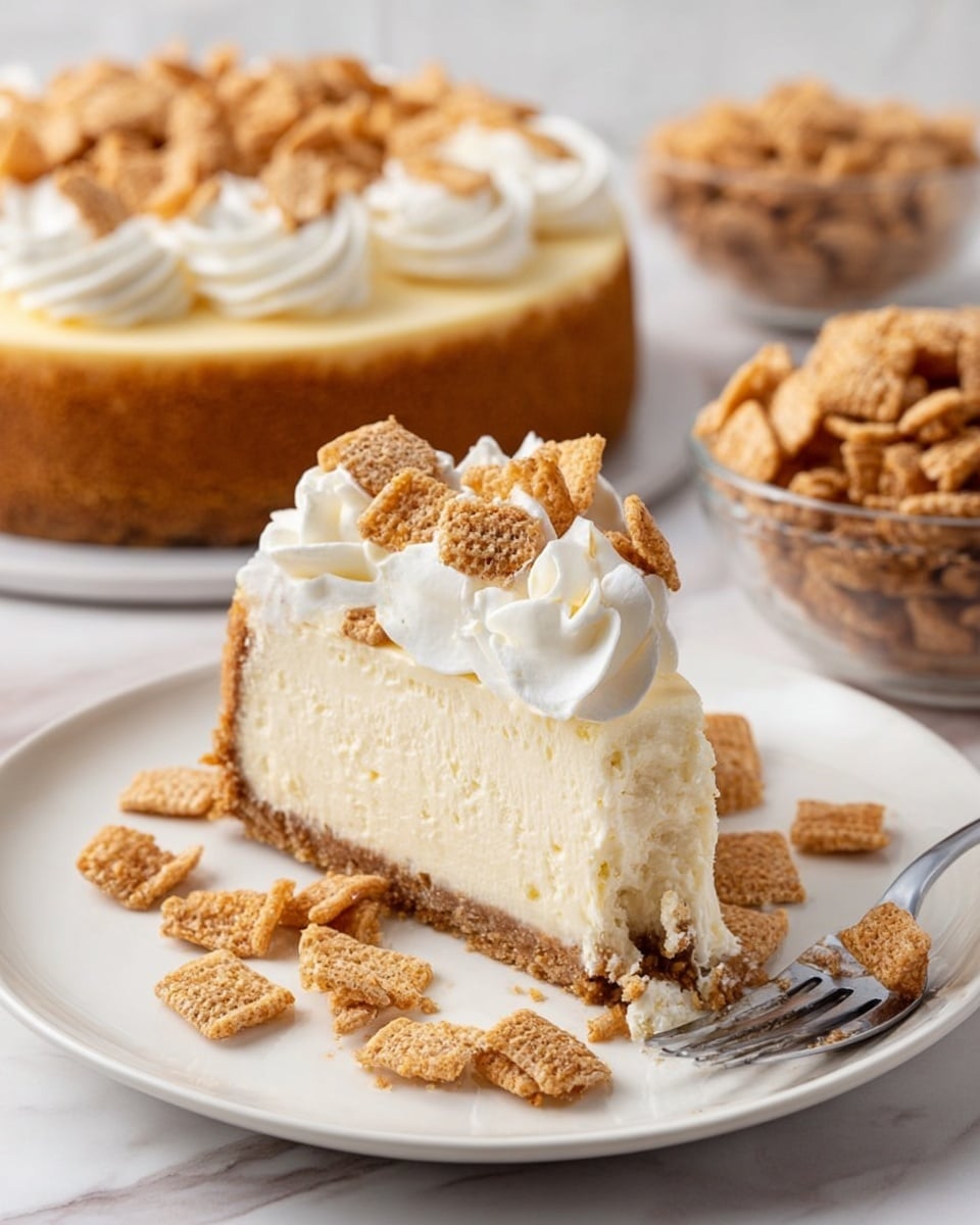 A single slice of creamy cheesecake with a thick, golden brown crumb crust forms the base layer, topped by a large swirl of white whipped cream crowned with light brown cinnamon-flavored cereal pieces scattered both on the cream and around the white plate. Behind the slice, the remaining cheesecake sits on a white plate showing the same thick golden crust. To the right, a clear bowl is filled with the same cereal, all placed on a white marbled surface. A fork with a small bite of the cheesecake and cream rests on the plate next to the slice. Photo taken with an iphone --ar 4:5 --v 7