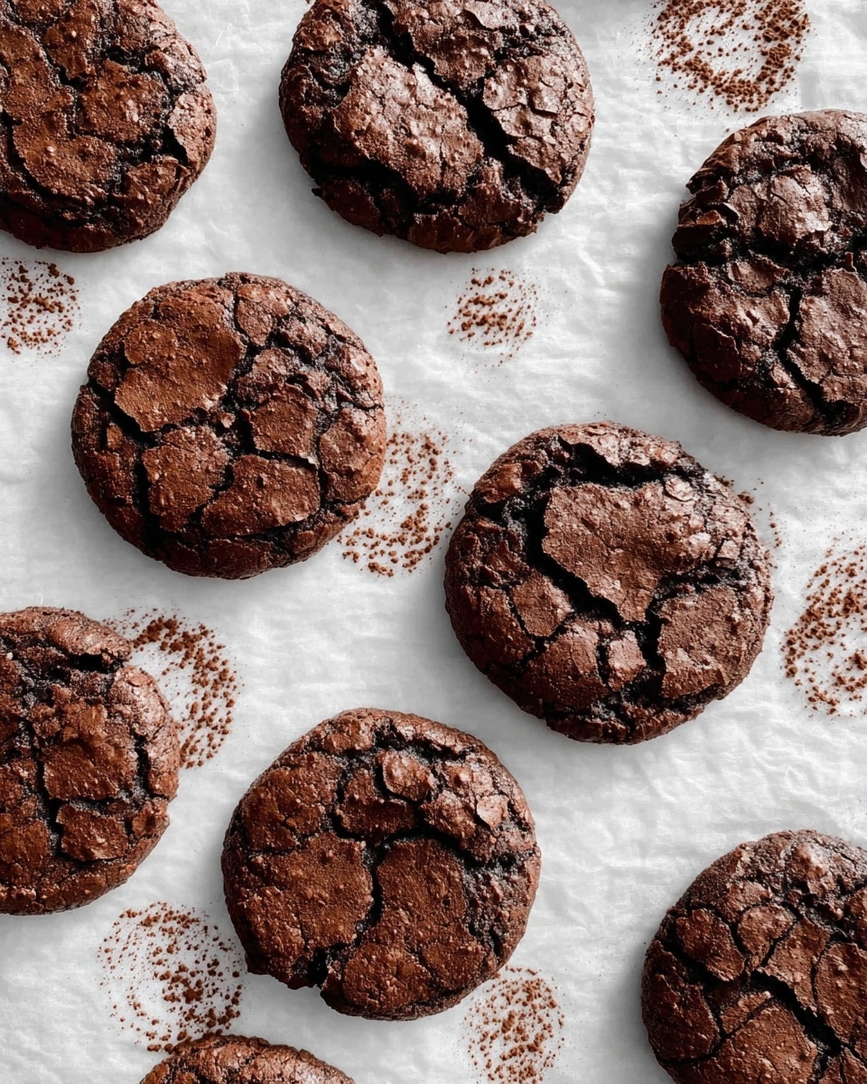 Several round chocolate cookies with cracked, rough tops are arranged on white parchment paper on a white marbled texture surface. The cookies are dark brown with a slightly shiny finish and have visible cracks showing a soft, fudgy inside. Around some cookies, there are circular cocoa powder rings adding texture and contrast to the background. The cookies are spaced out evenly, with no layers, just a single flat layer of evenly baked cookies. photo taken with an iphone --ar 4:5 --v 7