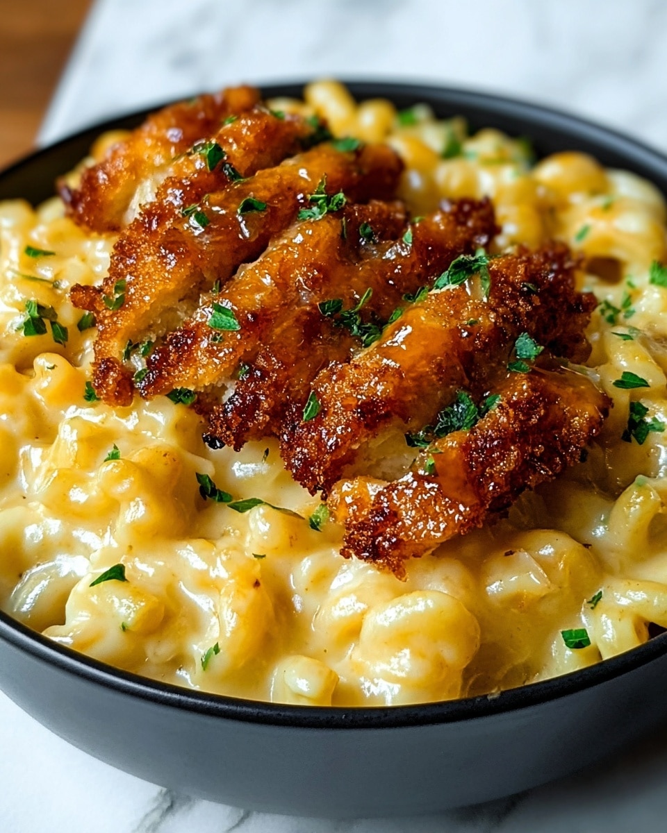 The dish shows a white bowl filled with creamy, golden-yellow macaroni and cheese, the pasta having a smooth and slightly glossy texture. On top of the pasta, there are three thick, rectangular pieces of crispy, browned, and glazed seitan placed close together on the left side, showing a shiny and textured surface. The macaroni is sprinkled with small bits of finely chopped green parsley, adding a fresh contrast to the warm colors of the dish. The bowl rests on a wooden surface with a backdrop of green blurred leaves. Photo taken with an iphone --ar 4:5 --v 7