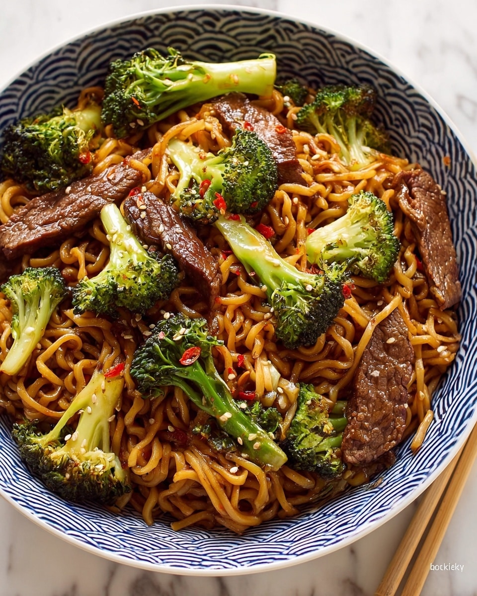 A white bowl with blue wave patterns is filled with a dish of stir-fried noodles, where the first layer is glossy brown noodles, tangled and coated in sauce, mixed with tender, dark brown slices of beef spread evenly. Bright green broccoli florets with light yellow stems are scattered among the noodles, adding a fresh texture. The dish is sprinkled with white sesame seeds and small red chili flakes throughout, giving it a speckled look. The bowl sits on a white marbled surface, with a pair of light wooden chopsticks placed neatly beside it. Photo taken with an iphone --ar 4:5 --v 7