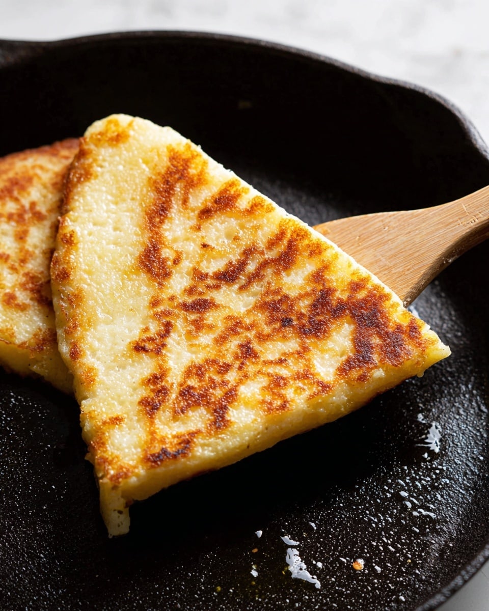 A golden-brown, triangular piece of food with a slightly crispy and browned surface is being lifted by a wooden spatula in a black cast iron pan. The food has a soft, textured, and slightly porous interior visible along the edges. The pan shows small areas of oil glistening against its matte black surface. The background is a white marbled texture. photo taken with an iphone --ar 4:5 --v 7