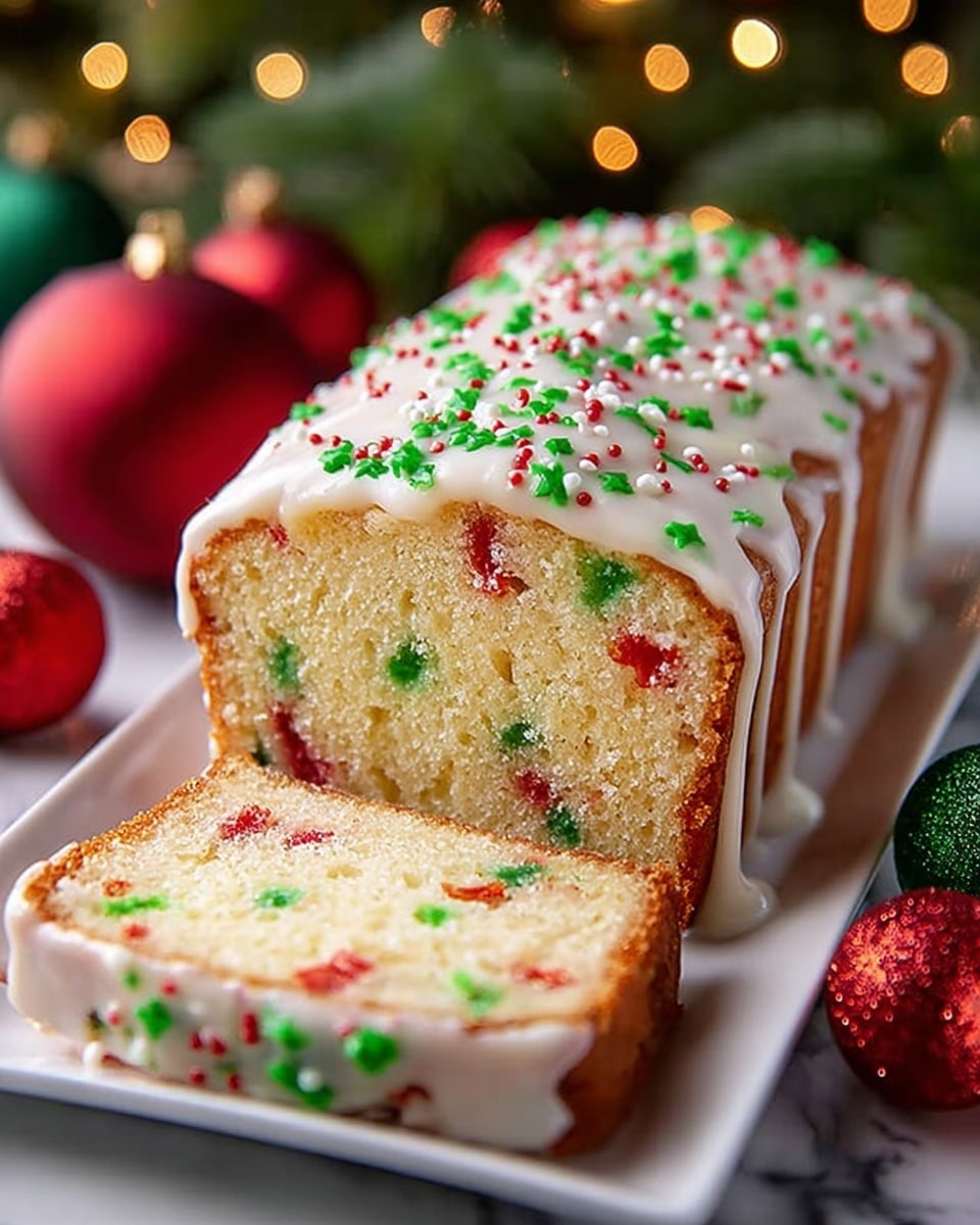 A sliced loaf cake sits on a long white plate over a white marbled surface, the cake showing a light golden brown crust and a soft, moist inside filled with small red and green candy pieces scattered throughout. The top layer is covered in a white icing glaze that drips slightly down the sides, sprinkled generously with tiny round red and green candy sprinkles. The background is blurred with warm yellow lights, green pine branches, and red Christmas ornaments adding a festive look. Photo taken with an iphone --ar 4:5 --v 7