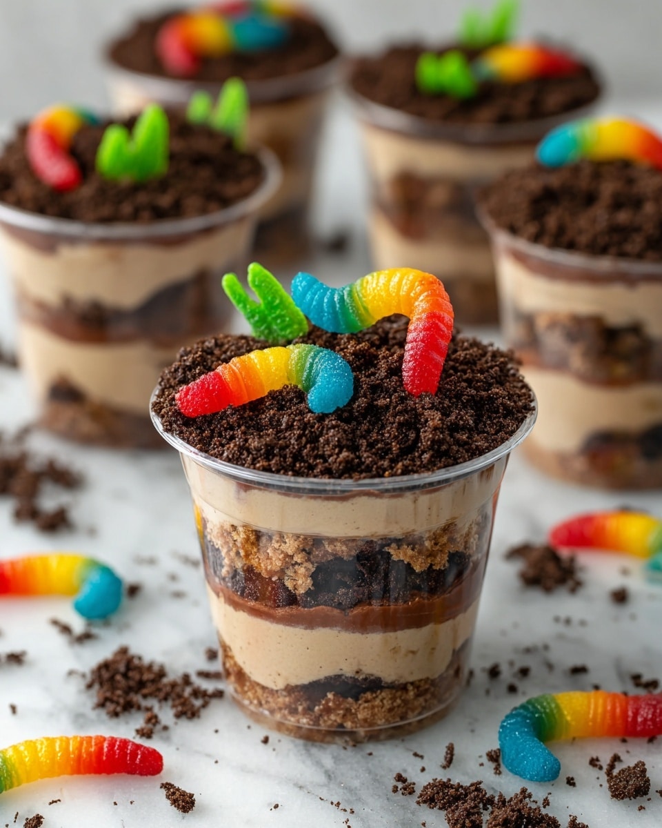 The image shows a clear plastic cup filled with three main layers: the bottom and middle layers are light brown creamy mousse, and the top and bottom of the middle layer have dark brown crumbled cookie pieces mixed in. The very top layer is fully covered with dark brown cookie crumbs that look like soil. On top of the crumbs, there are colorful gummy worms in bright red, yellow, orange, green, and blue colors, along with small green decorative leaves. Around the cups, some gummy worms and cookie crumbs are scattered on a white marbled surface. More cups with the same dessert are blurred in the background. photo taken with an iphone --ar 4:5 --v 7
