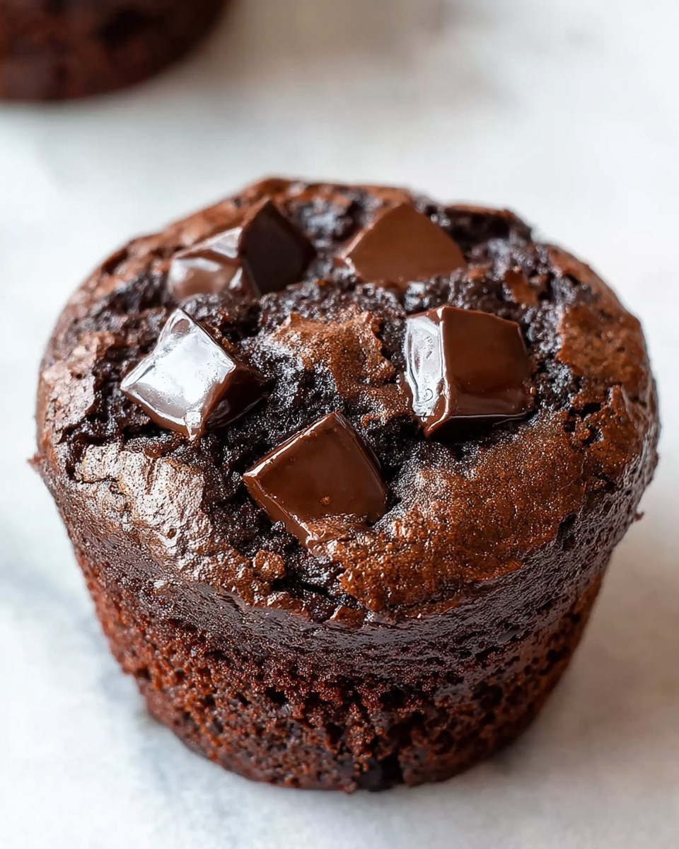 A close-up of a rich chocolate brownie muffin with a cracked top layer showing a shiny, slightly crispy texture in dark brown color. Three glossy dark chocolate chunks are slightly melted and embedded on the top, adding depth and shine. The muffin itself looks soft and moist with a dense dark brown crumb visible on the sides and bottom. The brownie muffin sits on a white marbled surface, making the dark colors stand out clearly. Photo taken with an iphone --ar 4:5 --v 7