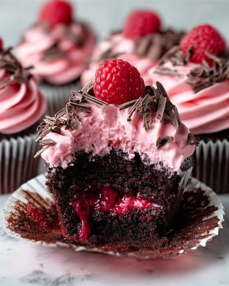 A close-up of a chocolate cupcake with three visible layers; the bottom layer is dark, moist chocolate cake, the middle layer is a thick, glossy, deep red berry filling that is dripping out, and the top layer is smooth pink frosting swirled in a circle, sprinkled with small dark chocolate shards and topped with a fresh red raspberry. The cupcake wrapper is white, and the cupcakes sit on a white marbled surface with more cupcakes blurred in the background. photo taken with an iphone --ar 4:5 --v 7