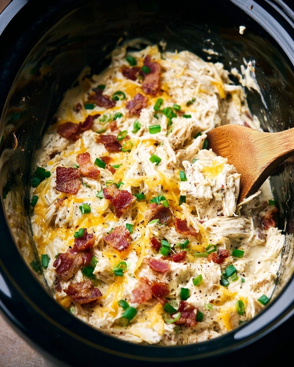 The image shows a close-up of a creamy dish inside a black slow cooker with a wooden spoon stirring it. The dish has three main layers: a base of shredded white chicken mixed with visible small chunks, a melted layer of golden yellow cheese spread unevenly across the top, and scattered pieces of crispy reddish-brown bacon. Bright green chopped scallions are sprinkled on top, adding contrast. The mixture looks rich and creamy with bits of black pepper visible, and the edges of the slow cooker show slight food residue. Photo taken with an iphone --ar 4:5 --v 7
