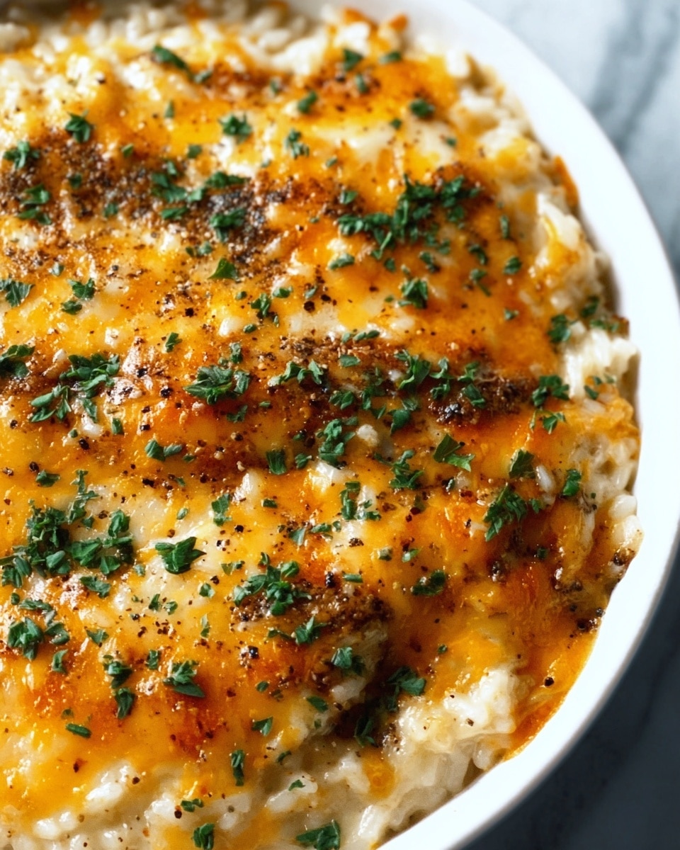 Close-up of a white bowl filled with creamy rice layers mixed with melted orange-yellow cheese on top, sprinkled with chopped green herbs and small black specks of seasoning, all sitting on a white marbled surface. The rice appears soft and moist, while the cheese forms a melted, slightly browned layer that covers most of the dish. photo taken with an iphone --ar 4:5 --v 7