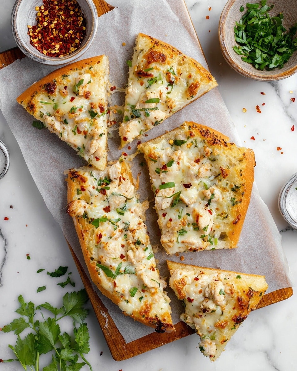 The image shows five triangular slices of cheesy garlic bread arranged on a wooden board with parchment paper underneath. Each slice has a golden-brown toasted bread base topped with a creamy layer mixed with small pieces of cooked chicken and green herbs, all covered with melted white cheese that is slightly browned and bubbly. Red chili flakes and fresh green herbs are sprinkled on top, adding pops of color. The scene is set on a white marbled surface with a small bowl containing red chili flakes and another bowl with fresh green herbs nearby, adding extra elements to the composition. Photo taken with an iphone --ar 4:5 --v 7