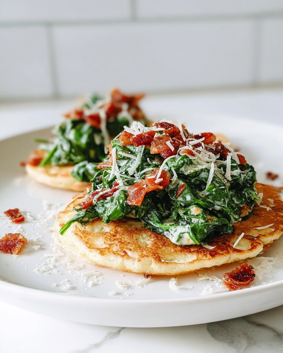 Two flat, round, golden-browned pancakes sit on a white plate with a white marbled surface underneath. Each pancake has a rough texture with small browned spots, showing a cooked and slightly crispy edge. On top of the pancakes, there is a fresh leafy green salad tossed in a creamy dressing, with leaves folded and piled high, giving a vibrant green color and slight glossiness. Small bits of crispy bacon and shreds of white cheese are scattered over the salad and pancakes, adding a mix of crunchy, creamy, and melted textures. The background is a soft white tiled wall with no clutter. photo taken with an iphone --ar 4:5 --v 7