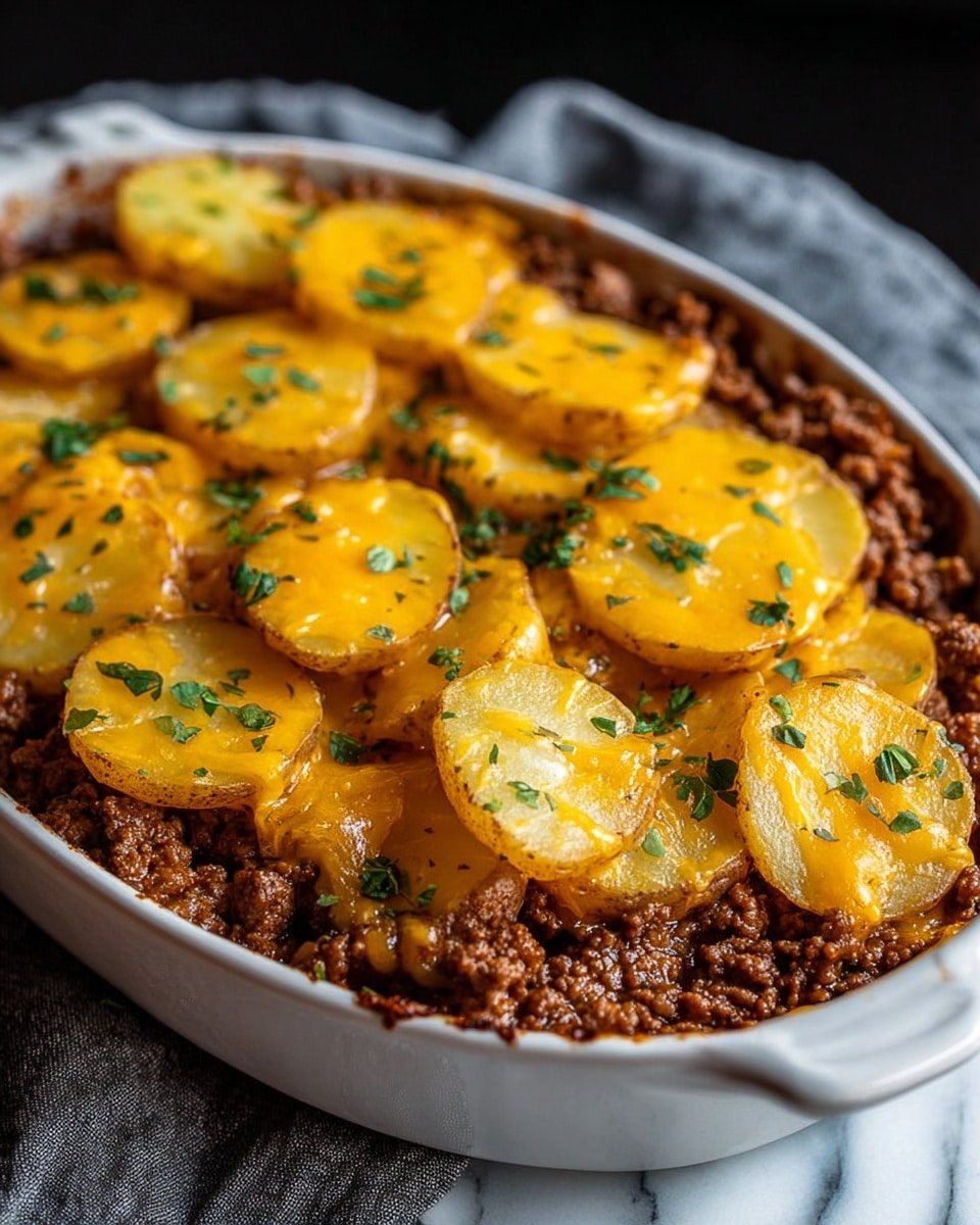 A layered casserole in a white baking dish, showing a bottom layer of cooked minced beef with a rich dark brown color, followed by a middle layer of thinly sliced yellow potatoes arranged evenly, and topped with a melted layer of bright orange cheddar cheese that glistens with a creamy texture; the dish is sprinkled with small pieces of fresh green herbs for garnish, all set on a white marbled surface with a folded light grey cloth underneath, creating a warm and hearty look. photo taken with an iphone --ar 4:5 --v 7