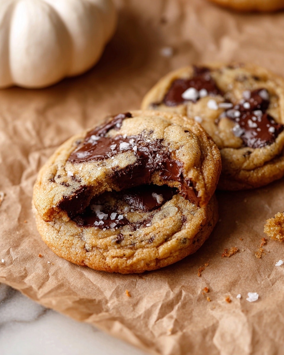 A close-up view showing a stack of chocolate chip cookies with a golden brown color and soft texture. The cookies have melted dark chocolate chunks scattered on top and inside, with some flaky sea salt sprinkled over them. The cookies rest on crinkled brown parchment paper placed on a white marbled surface. A small white ceramic pumpkin is seen on the left side, and a part of a white plate is just visible at the bottom left corner. The cookies look warm and inviting with a slight shine on the chocolate. Photo taken with an iphone --ar 4:5 --v 7