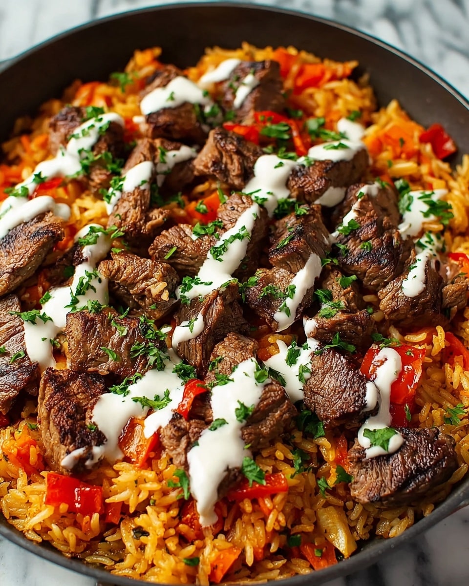 The dish shows a close-up of a pan filled with three main layers: the bottom layer has cooked rice with a reddish-orange color mixed with small pieces of orange carrots and red bell peppers. On top of the rice, there are many pieces of browned, grilled beef strips scattered evenly, showing a juicy and textured surface. Light drizzle of white creamy sauce runs diagonally over the beef pieces, and small chopped fresh green herbs are sprinkled all over the dish for added color and freshness. The pan is placed on a white marbled surface. photo taken with an iphone --ar 4:5 --v 7